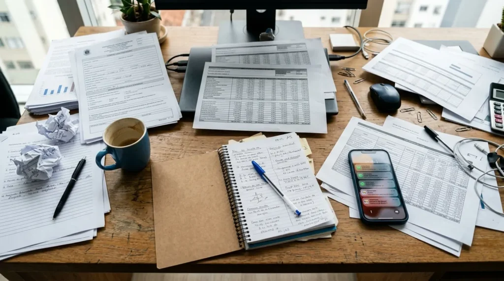 Gestão de promotores em campo: mesa com relatórios e dados de visitas