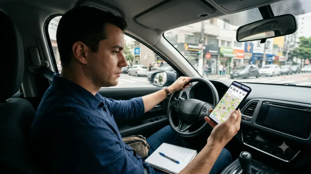 Gestor usando roteirizador x planilha no celular para planejar rotas de vendas externas